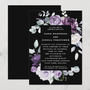 Invitation Mariage Fleurie Noir, Violet Foncé, Lavande et Bla