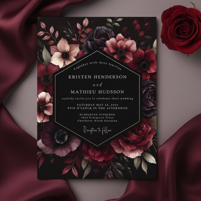 Invitation Mariage Fleurie Opulent Bourgogne (Créateur téléchargé)