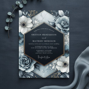 Invitation Mariage Fleurie Opulente Bleu Ardoise