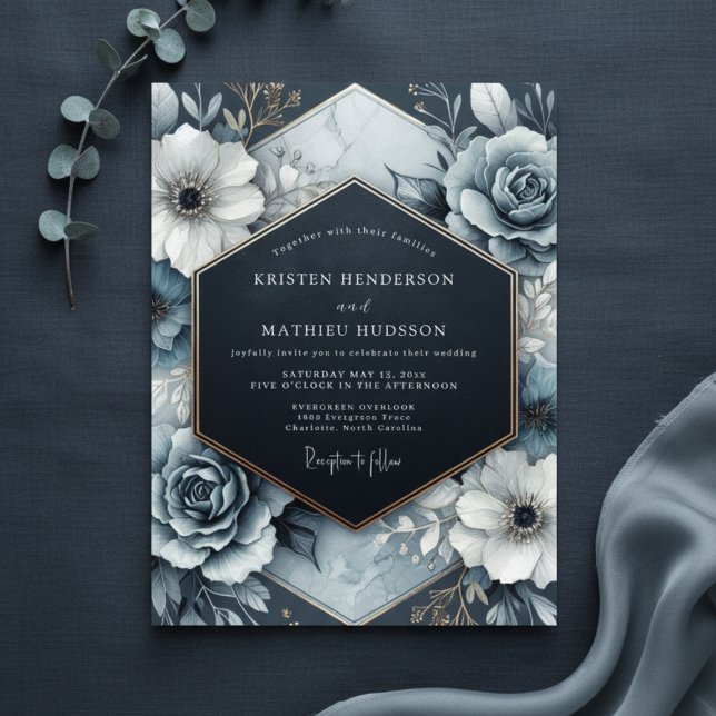 Invitation Mariage Fleurie Opulente Bleu Ardoise (Créateur téléchargé)
