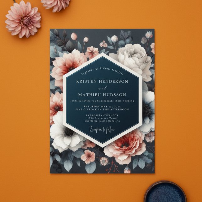 Invitation Mariage Fleurie Opulente Romantique Navy (Créateur téléchargé)