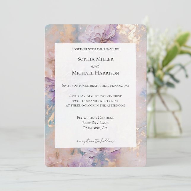 Invitation Mariage Fleurie Or Violet Élégant (Debout devant)