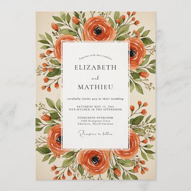 Invitation Mariage Fleurie Orange (Devant)