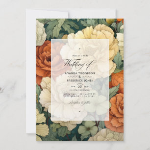 Invitation Mariage Fleurie Orange Brûlé, Crème et Vert de Mou