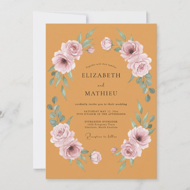 Invitation Mariage Fleurie Orange Brûlé Élégant (Devant)
