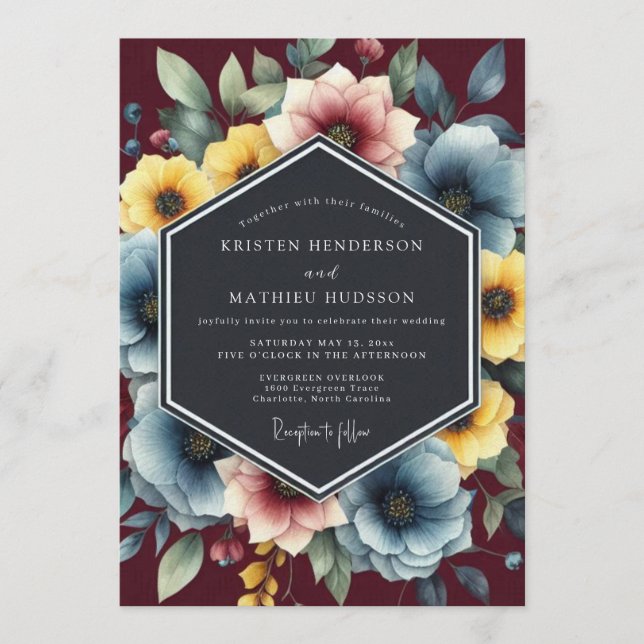 Invitation Mariage Fleurie Painterly Bleu Poussiéreux (Devant)