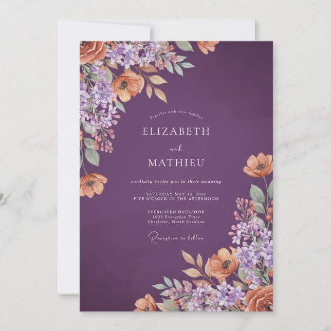 Invitation Mariage Fleurie Painterly Prune (Devant)