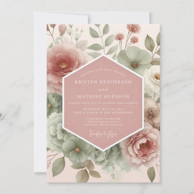Invitation Mariage Fleurie Painterly Rose Pâle (Devant)