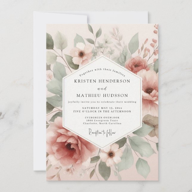 Invitation Mariage Fleurie Painterly Rose Pâle (Devant)