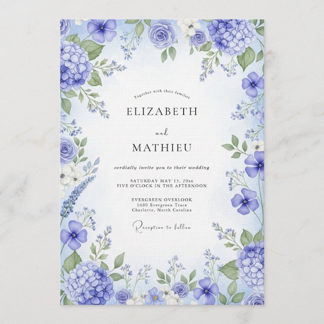 Invitation Mariage Fleurie Pâle Pervenche (Devant)
