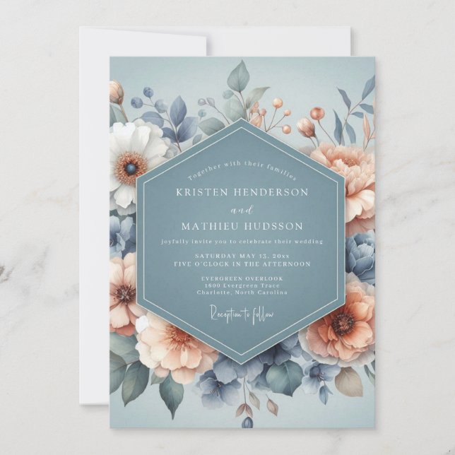 Invitation Mariage Fleurie Pastel Bleu Ardoise (Devant)