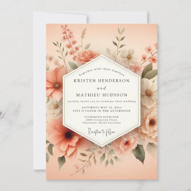 Invitation Mariage Fleurie Pêche (Devant)