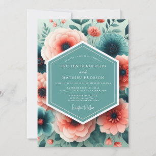 Invitation Mariage Fleurie Peinte Aqua Corail