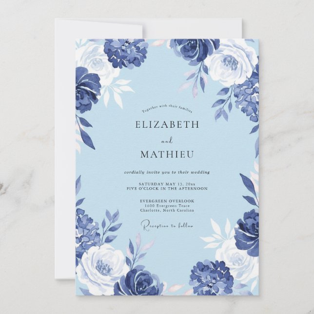Invitation Mariage Fleurie Peinte au Cobalt (Devant)