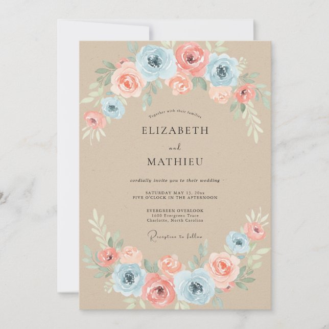 Invitation Mariage Fleurie Peinte Azur et Pêche (Devant)