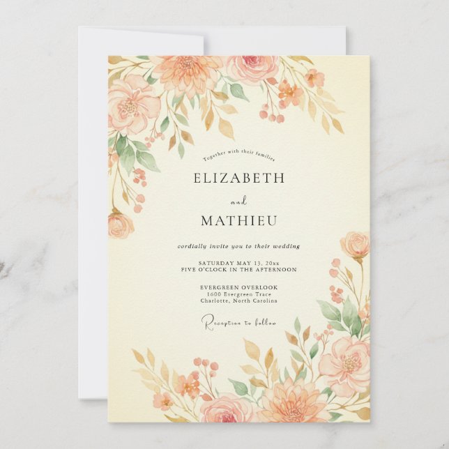 Invitation Mariage Fleurie Peinte d'Abricot (Devant)