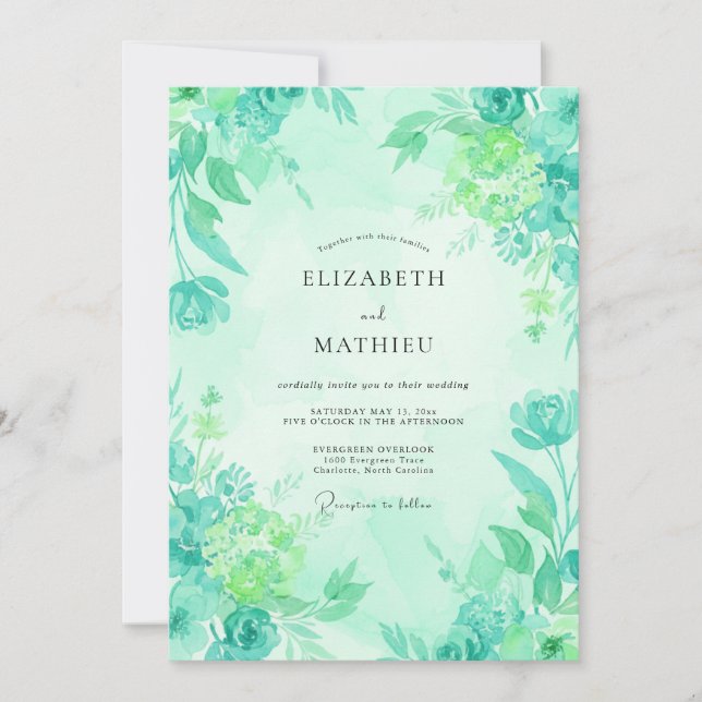 Invitation Mariage Fleurie Peinte de Mousse de Mer (Devant)