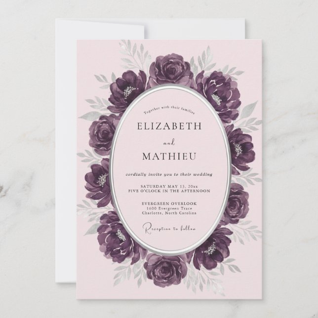 Invitation Mariage Fleurie Peinte de Prune (Devant)
