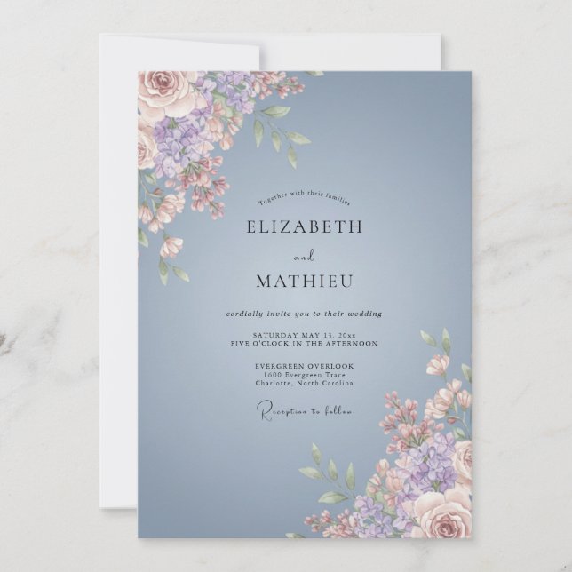 Invitation Mariage Fleurie Peinte en Bleu Ardoise (Devant)