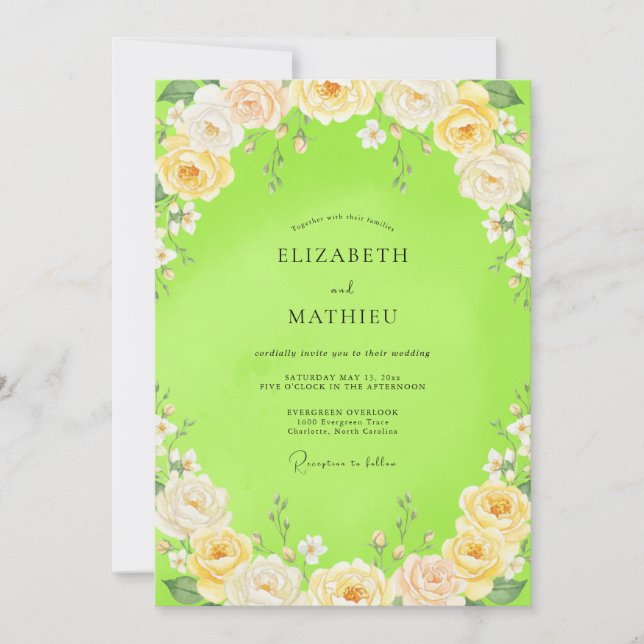 Invitation Mariage Fleurie Peinte en Chartreuse (Devant)