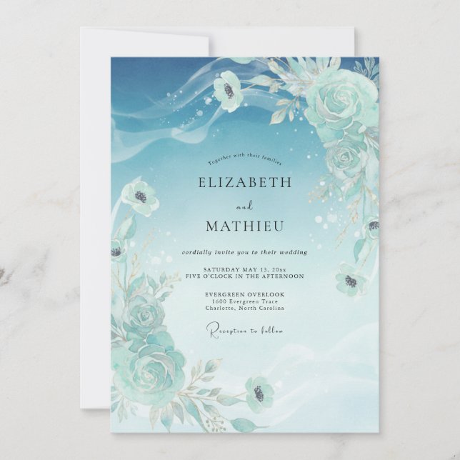Invitation Mariage Fleurie Peinte en Cyan (Devant)