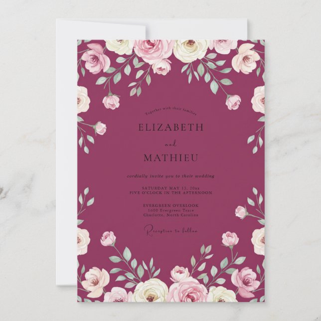 Invitation Mariage Fleurie Peinte en Magenta (Devant)