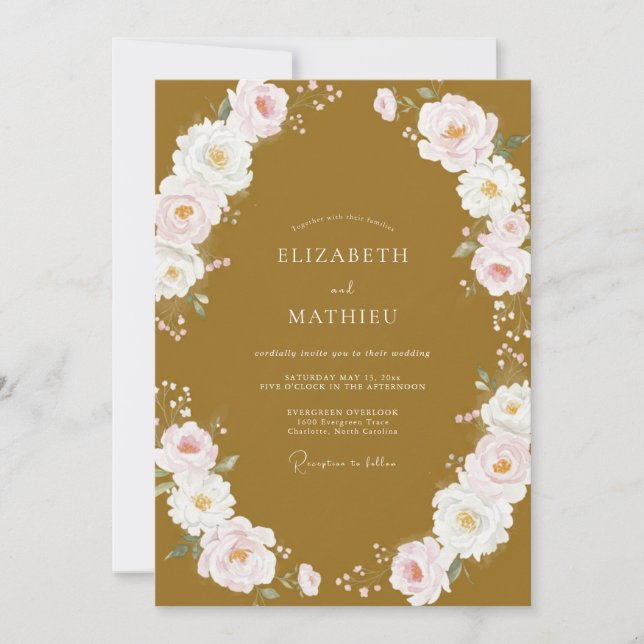 Invitation Mariage Fleurie Peinte en Ocre Luxueux (Devant)