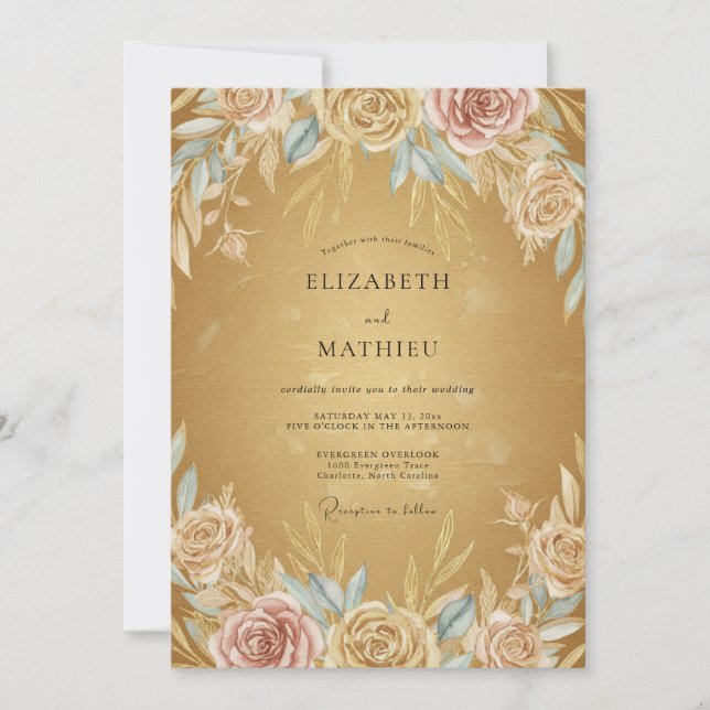 Invitation Mariage Fleurie Peinte en Or (Devant)