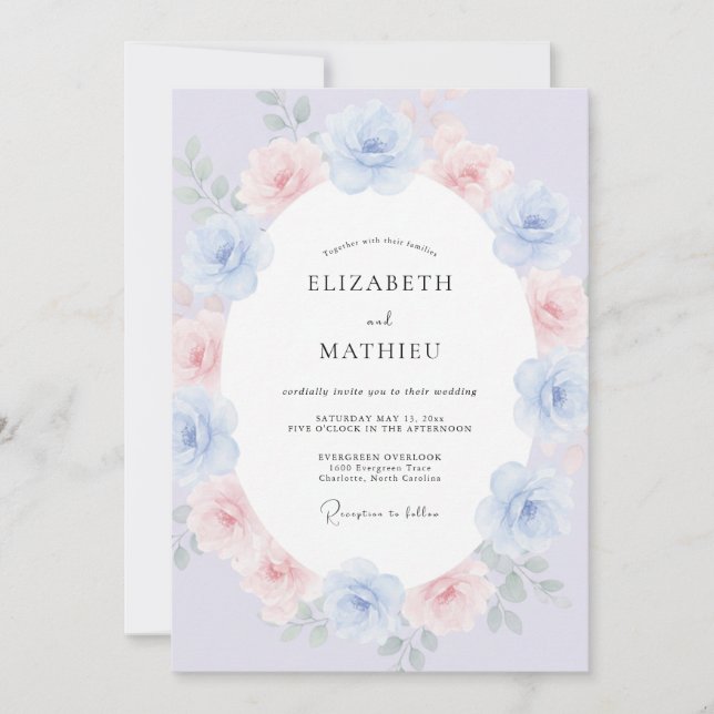 Invitation Mariage Fleurie Peintre Bleu Lavande (Devant)