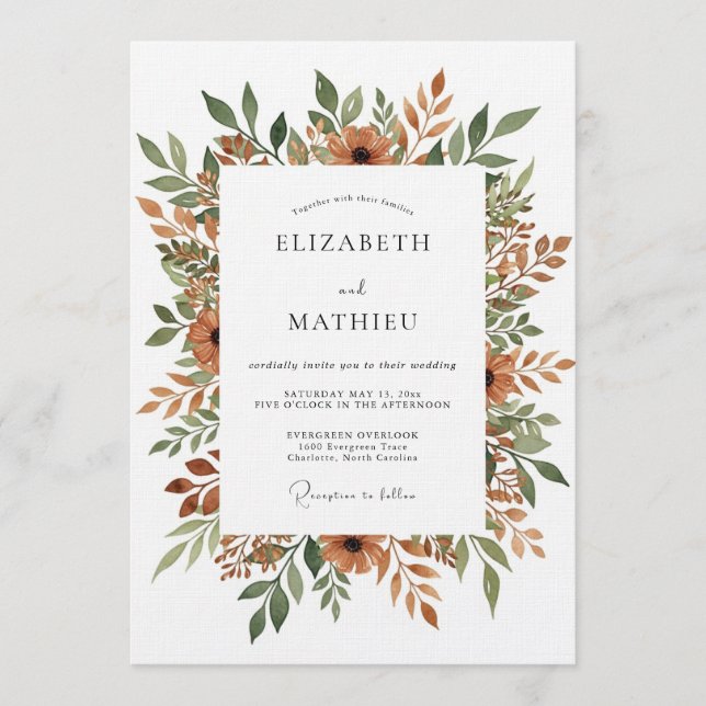 Invitation Mariage Fleurie Peintre Orange Brûlée (Devant)