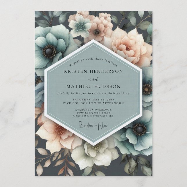 Invitation Mariage Fleurie Peinture Teal & Pêche (Devant)