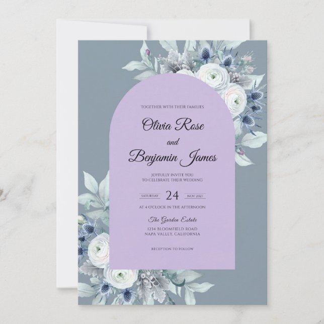 Invitation Mariage Fleurie Pervenche Ardoise (Devant)