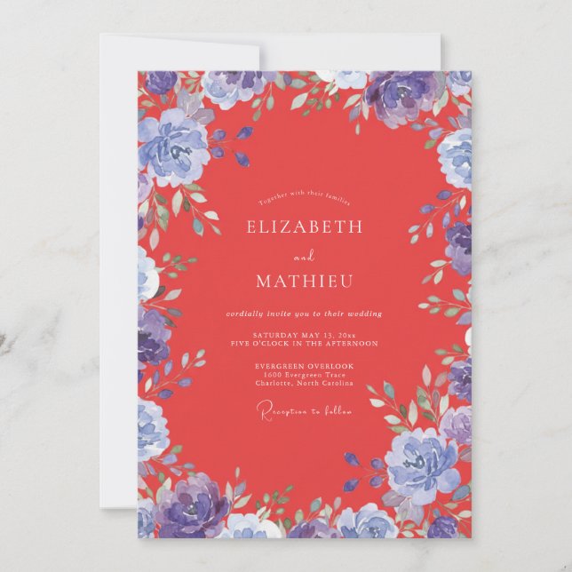 Invitation Mariage Fleurie Pervenche Rouge (Devant)