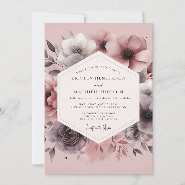 Invitation Mariage Fleurie Poudrée de Prunier (Devant)