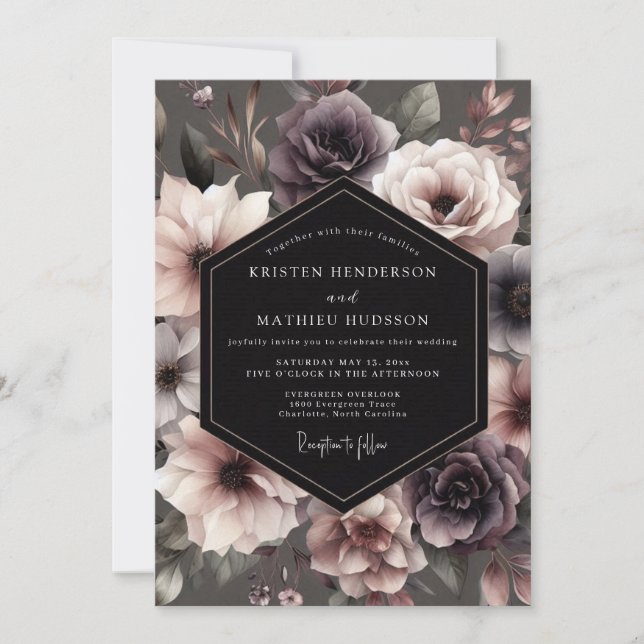 Invitation Mariage Fleurie Pourpre Ardoise Humeur (Devant)