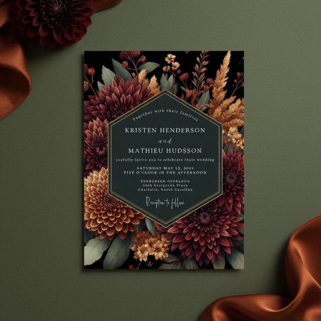 Invitation Mariage Fleurie Profonde Bourgogne Humeur (Créateur téléchargé)