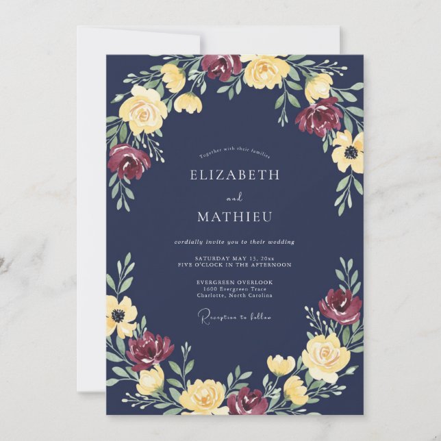 Invitation Mariage Fleurie Radiant Bleu Marine (Devant)