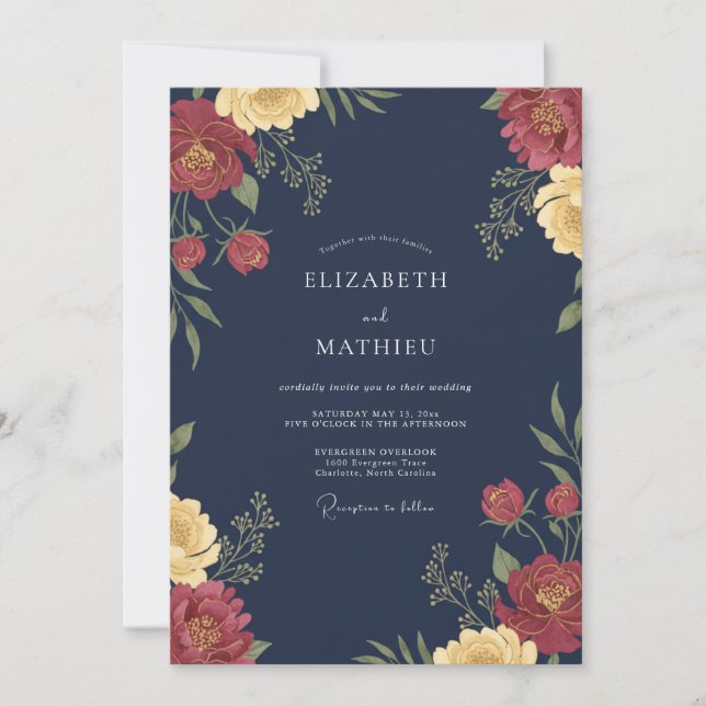 Invitation Mariage Fleurie Riche Bleu Marine (Devant)