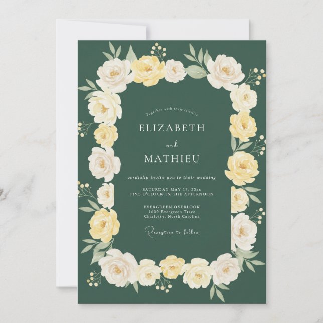 Invitation Mariage Fleurie Romance Vert Forêt (Devant)