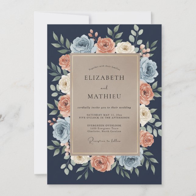 Invitation Mariage Fleurie Romantique Bleu Marine (Devant)