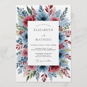 Invitation Mariage Fleurie Romantique Bleu Poussiéreux