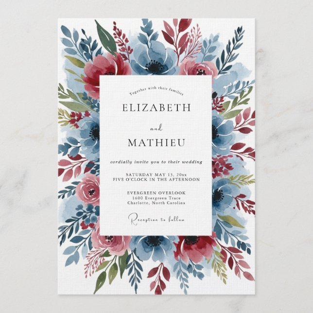 Invitation Mariage Fleurie Romantique Bleu Poussiéreux (Devant)