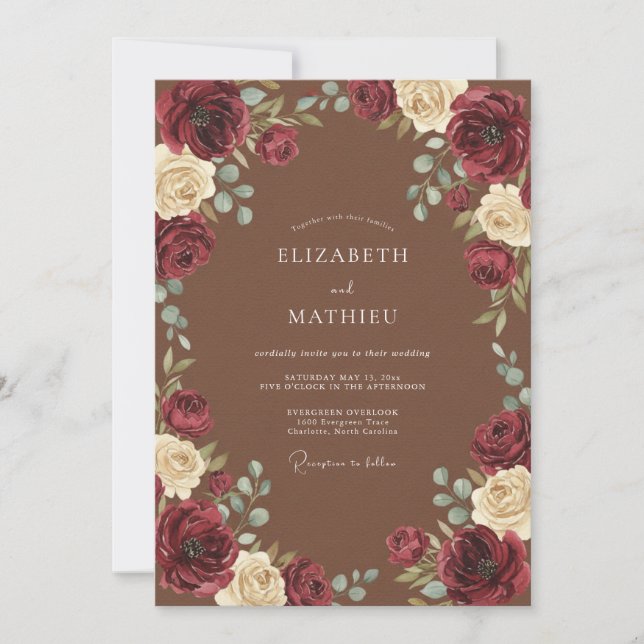 Invitation Mariage Fleurie Romantique Bourguignon (Devant)