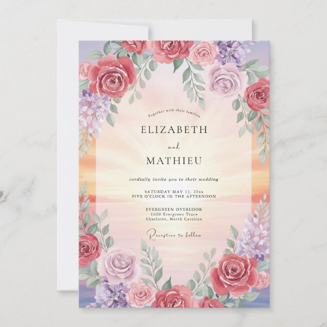 Invitation Mariage Fleurie Romantique Rose Poussiéreuse (Devant)