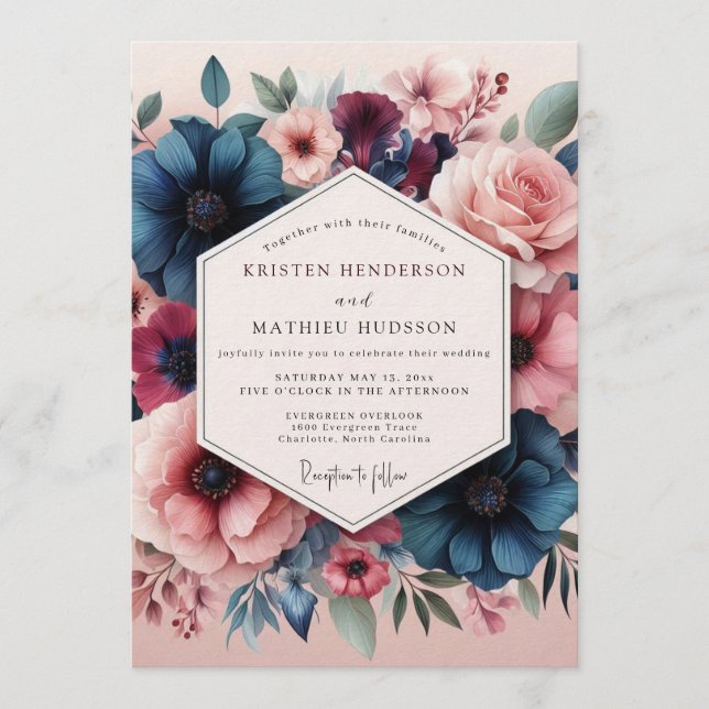 Invitation Mariage Fleurie Romantique Slate Blush (Devant)