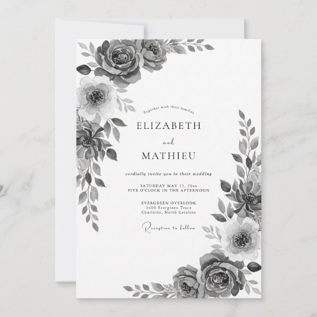 Invitation Mariage Fleurie Rose Charbon (Devant)