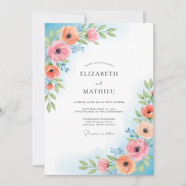 Invitation Mariage Fleurie Rose Corail (Devant)