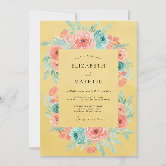 Invitation Mariage Fleurie Rose Jaune (Devant)