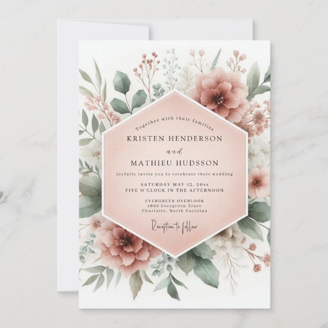 Invitation Mariage Fleurie Rose Poussiéreuse (Devant)