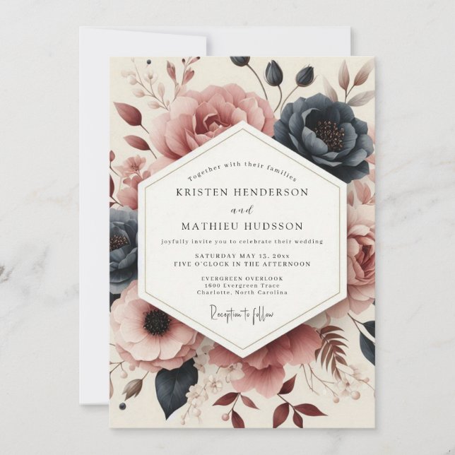 Invitation Mariage Fleurie Rose Poussiéreuse Humeur (Devant)